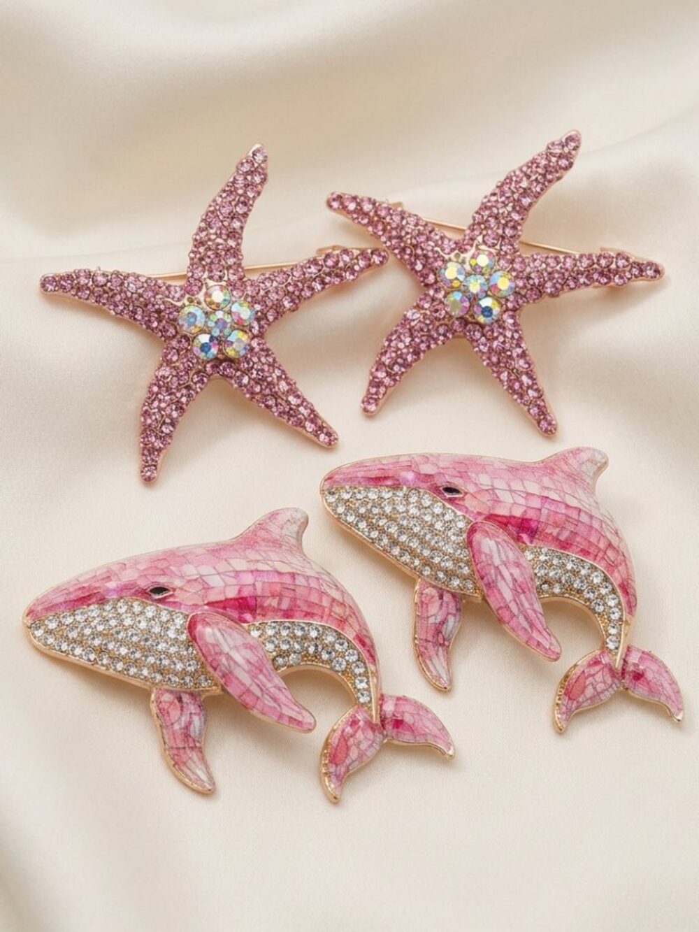Ocean Brooches Set of 4 Pink Whales Starfish Rhinestone
